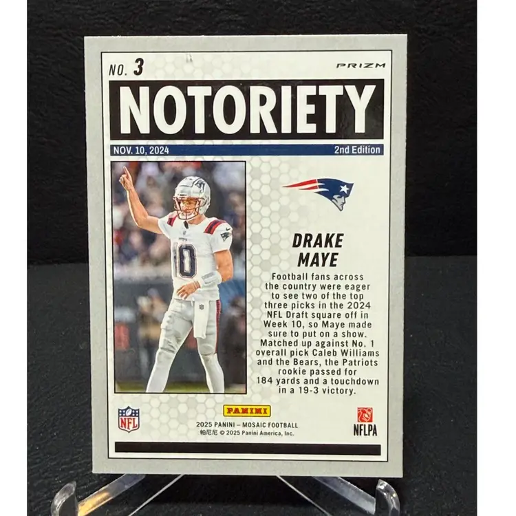 Drake Maye 2025 Panini Mosaic Notoriety #3 Orange Fluorescent Prizm Patriots
