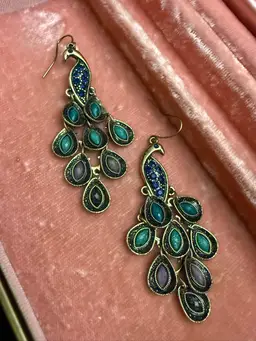 Vintage Pier 1 Beautiful Peacock Earrings. Right & Left Facing Peacock. 3" Long.