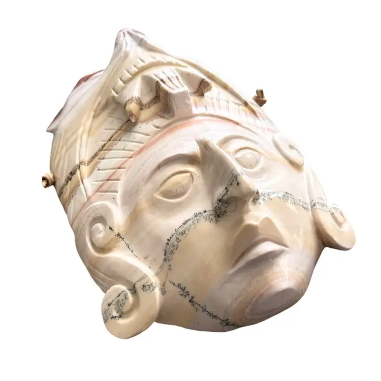 Hand Carved Cream And Beige Colored African Onyx Marble Style Wall Hanging Face Mask