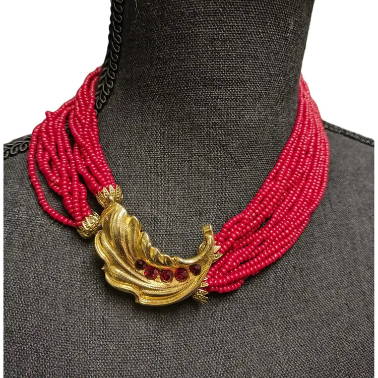 Vintage Red Glass Beaded Statement Necklace