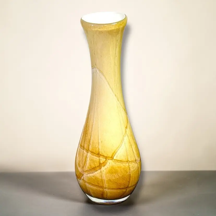 VTG Fenton Cased Glass Vase Yellow Hand Blown Original Sticker Signed Golden 10”