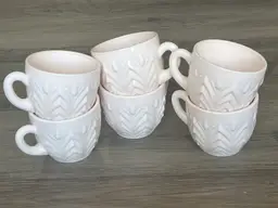 6 Vintage Jeanette Shell Feathers Pink Milk Glass Punch Cup Set Cups