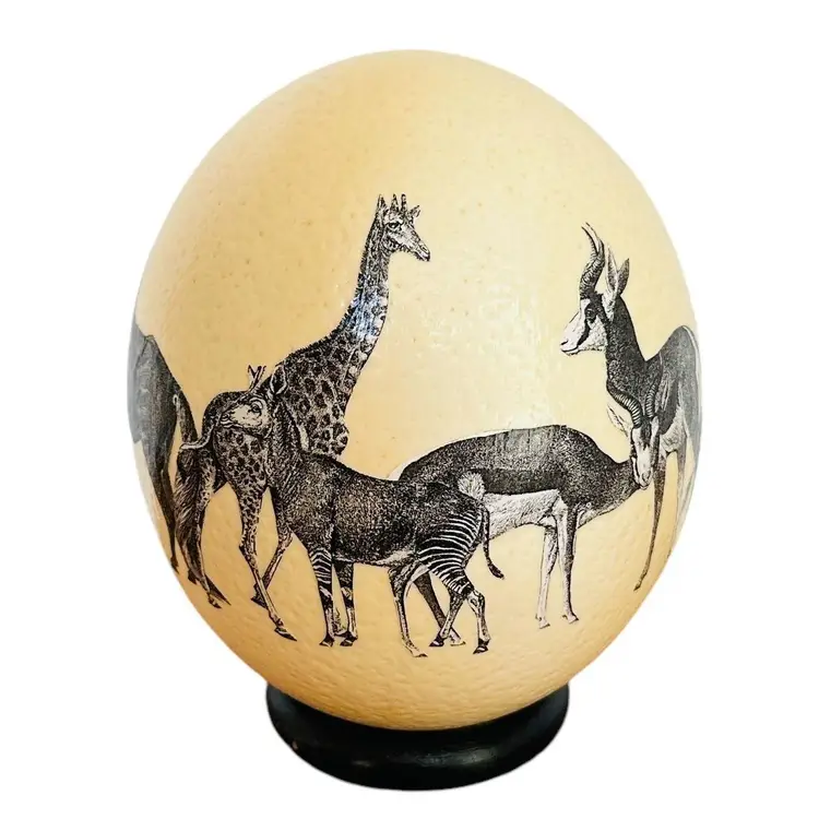 PAINTED OSTRICH EGG WITH AFRICAN WILD ANIMALS & STAND GIRAFFE