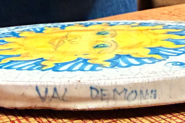 Vintage Signed Val Damone Hand-painted And Glazed Terracotta Celestial Sun Face Wall Hanging