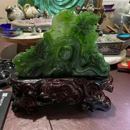 Jadite Carving Of Dragon Fire Ball With Carved Wooden Stand