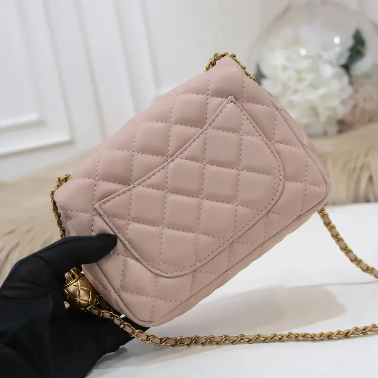 Quilted Pink HandBag w/Ball Chain - Leather