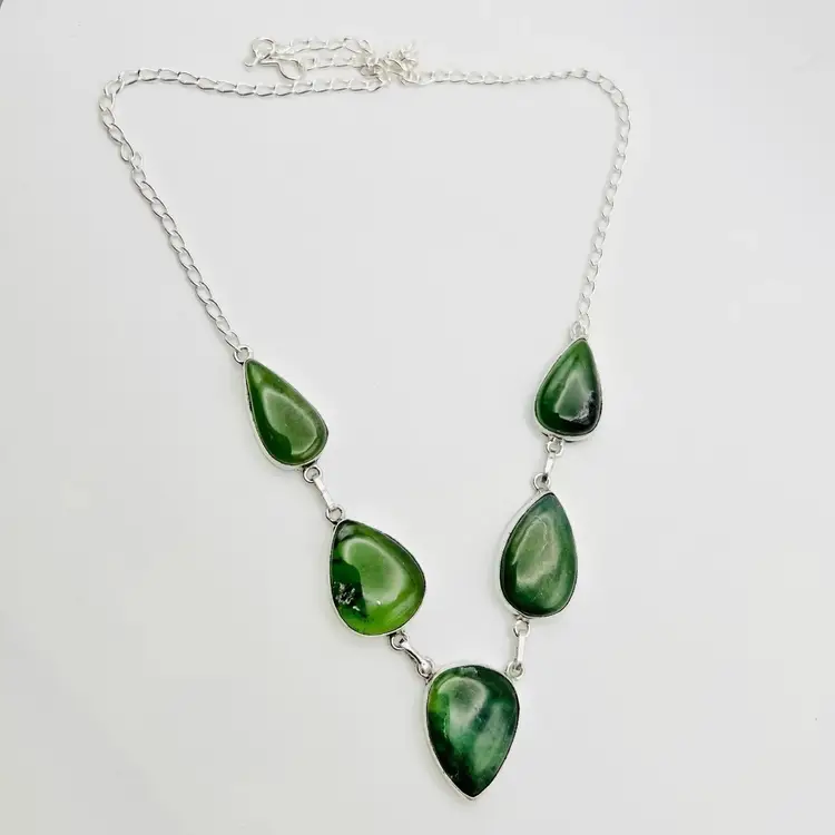 5-Stone Nephrite Necklace (21 inches) in Sterling Silver Finish (#A138)