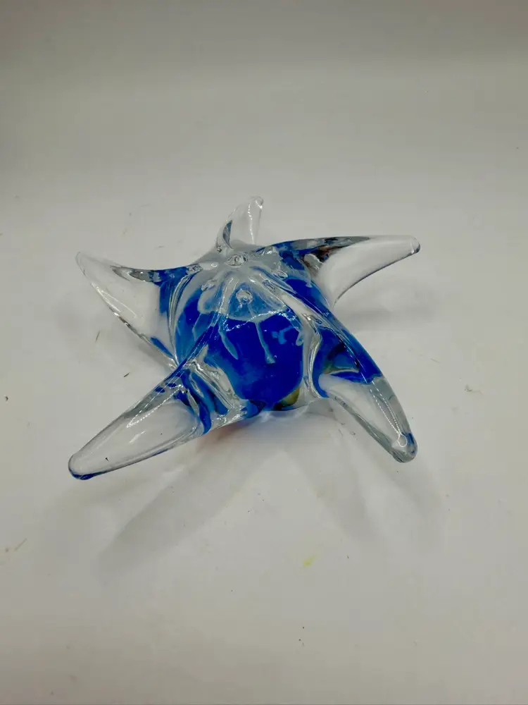 Blue + White Starfish Paperweight Handcrafted UV & Glow In The Dark Dynast Gallery 5”
