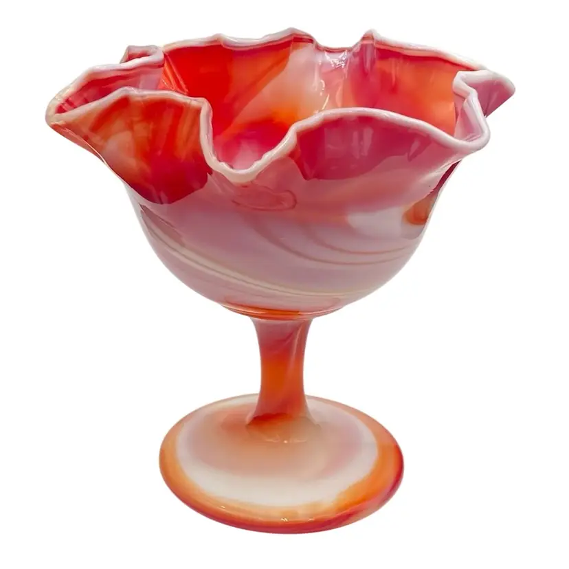 Vintage Imperial Glass Red/Orange/White Slag Compote, "End Of Day", 6.2" Ruffled
