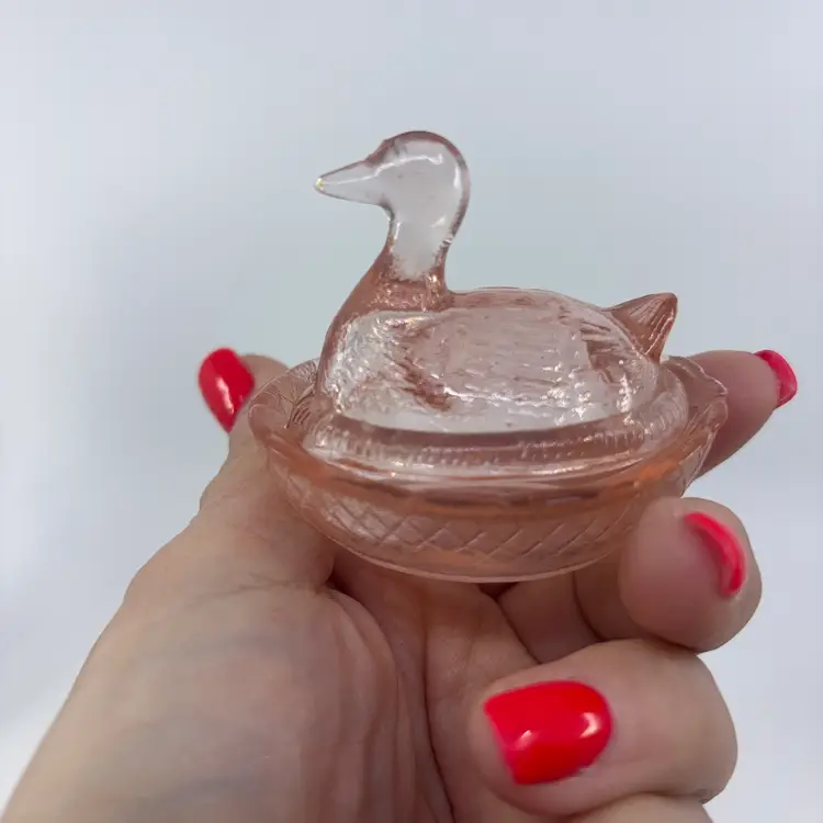 Tiffin Glass Company Pink Glass Mini Duck On Nest 2.5”