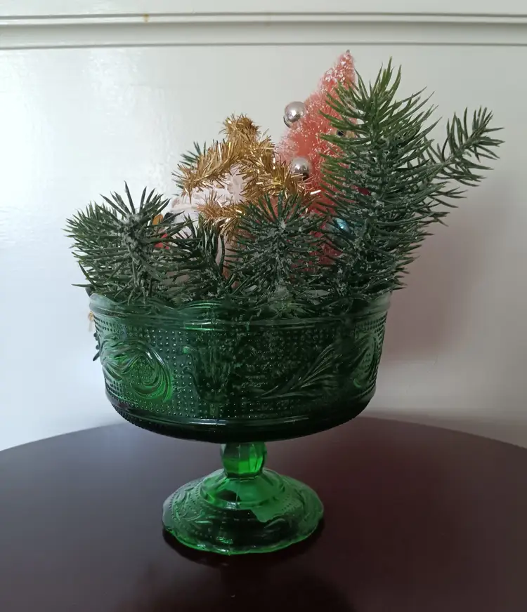 Kitsch-tastic Christmas Assemblage EO Brody Green Dish Snowman Bottlebrush Tree