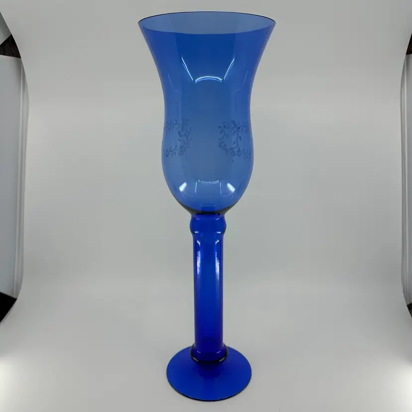 Vintage Empoli Blue Footed Vase Hand Blown Floral Etched Design