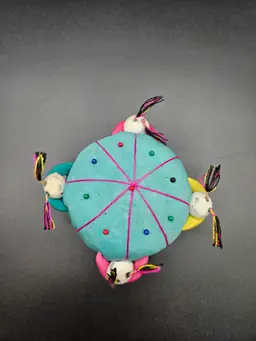 Vtg Asian Chinese Sewing Pin Cushion Teal Pink 4 Children People on Sides 4 in