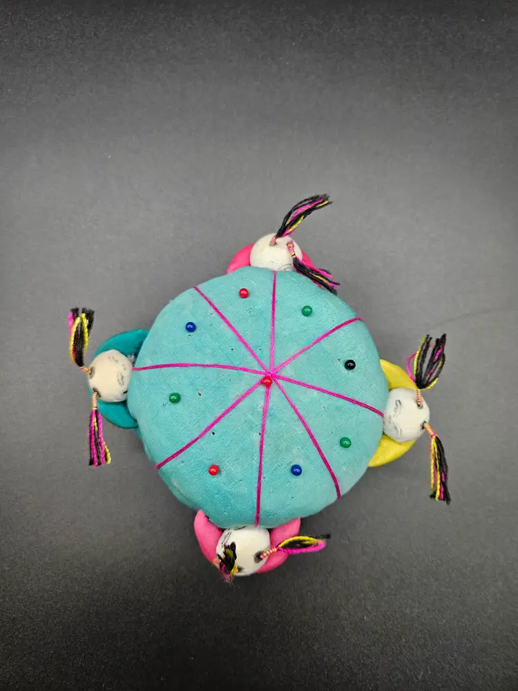 Vtg Asian Chinese Sewing Pin Cushion Teal Pink 4 Children People on Sides 4 in