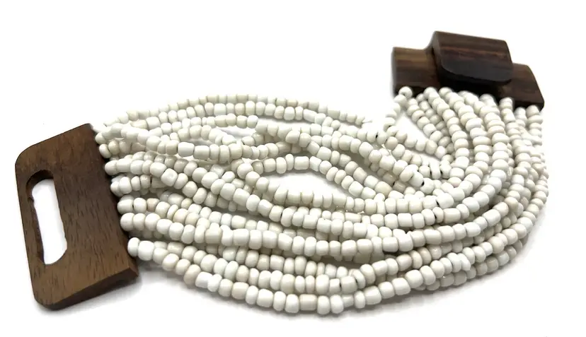 Gerda Lynggaard Monies Bracelet, 16 Strands of Stretch, White Glass Beads, Vintage Stretch to Fit