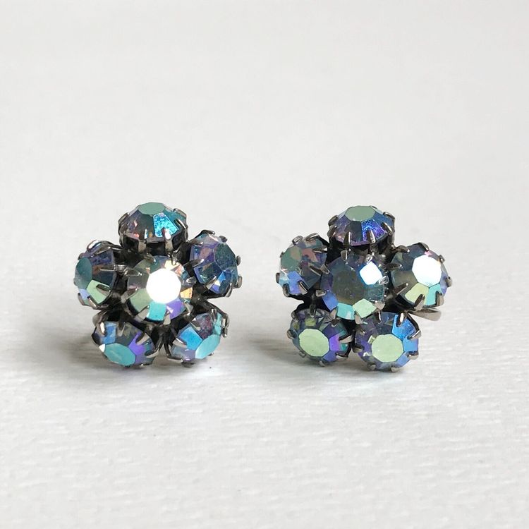 Vintage Weiss Prong Set AB Blue Glass Cluster Screw Back Earrings