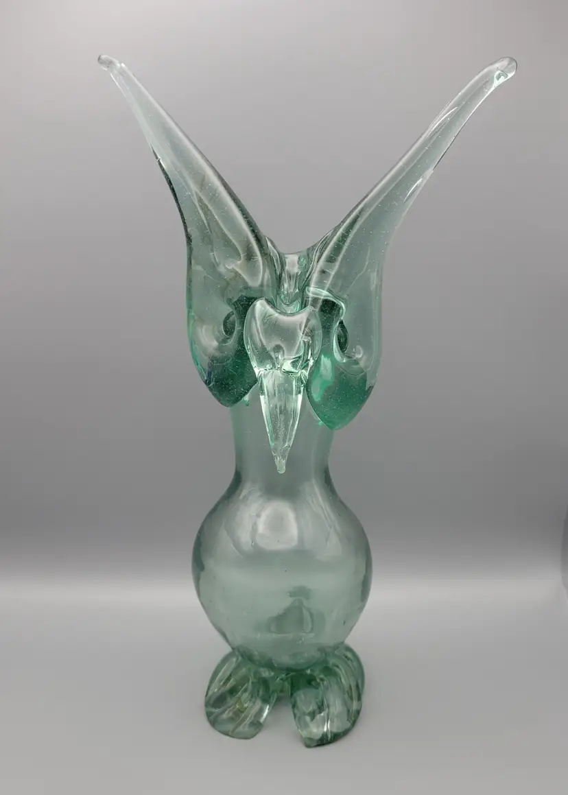 Vintage Light Green Hand Made Art Glass Owl Sculpture