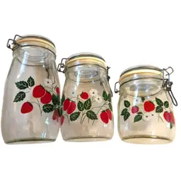 Vintage Carlton Glass Hermetic Glass Canning Jars with Sweet Strawberry Plant Design