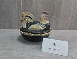 Fenton Folk Art Collection Hand Painted & Signed Hen On Nest Black Glass