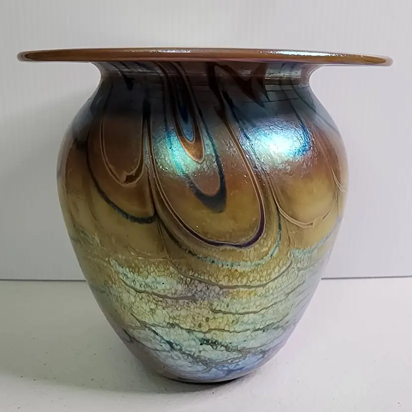 Pheonix Studios John Cook Signed Luster Blue Pulled Feather Art Glass Vase