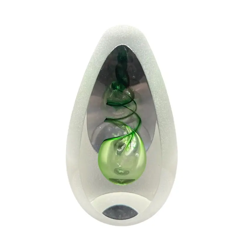 Beautiful Egg Shaped Clear Cut Sides With Beautiful Green Bubble And Swirl On The Inside Paperweight Signed KRS