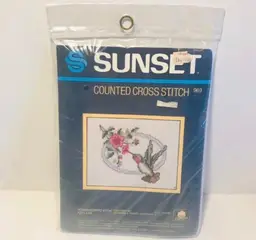 Sunset Hummingbird with Azaleas Vintage Counted Cross Stitch 4" x 5" #969