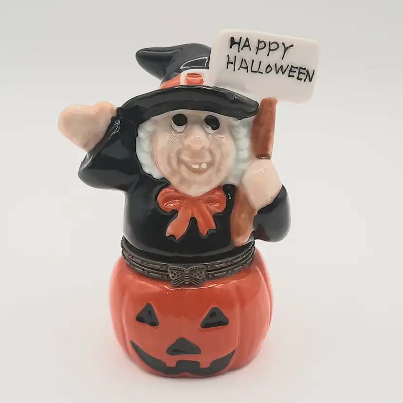 Happy Halloween Witch Ceramic Hinged Trinket Box