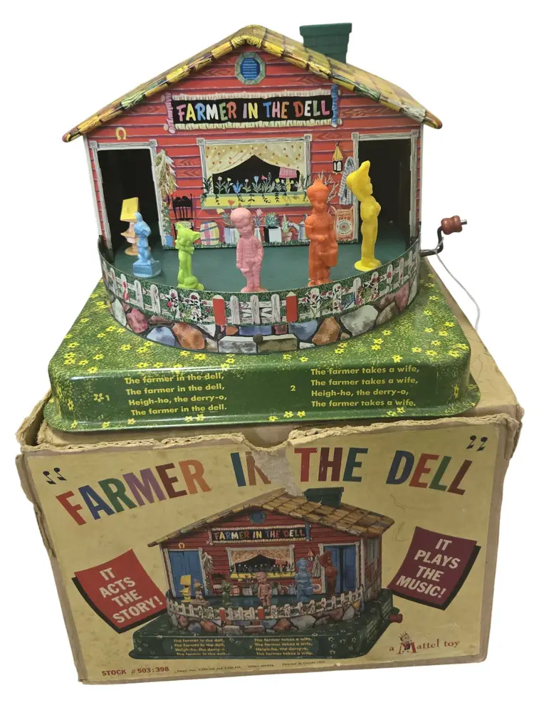 Vintage 1950's Tin Litho Wind Up Musical Farmer in the Dell with Original Box