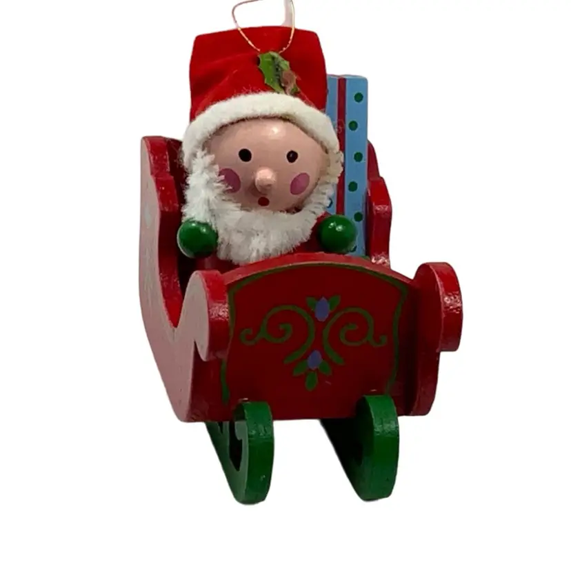 Vintage Santa In Sled Wooden Christmas Ornament Made In Taiwan