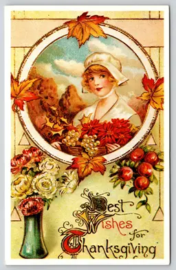 Postcard Best Wishes for Thanksgiving Framed Woman Surrounded by Autumn Colors - 14599