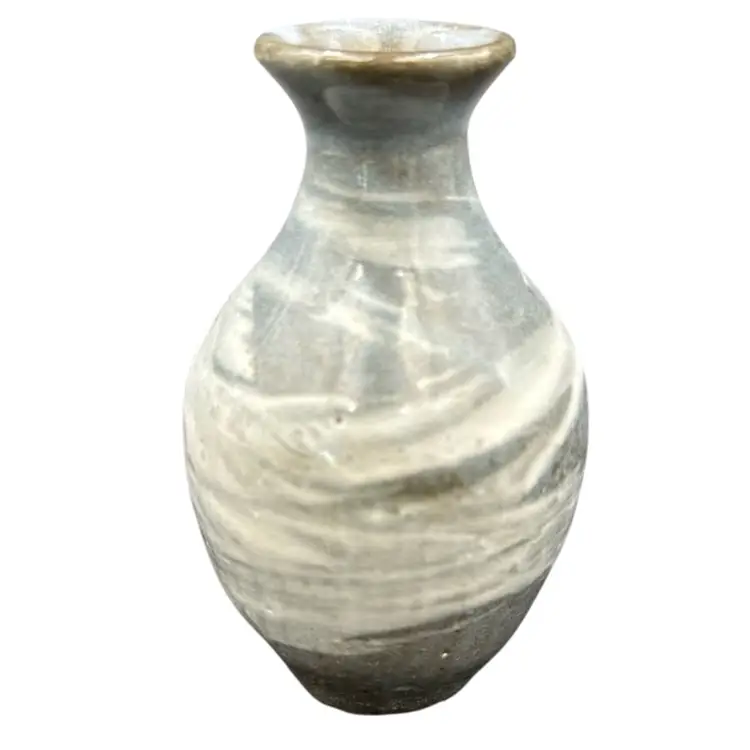 Handmade marbled or swirling gray white glazed vase on dark clay with Celadon glaze, makers mark.