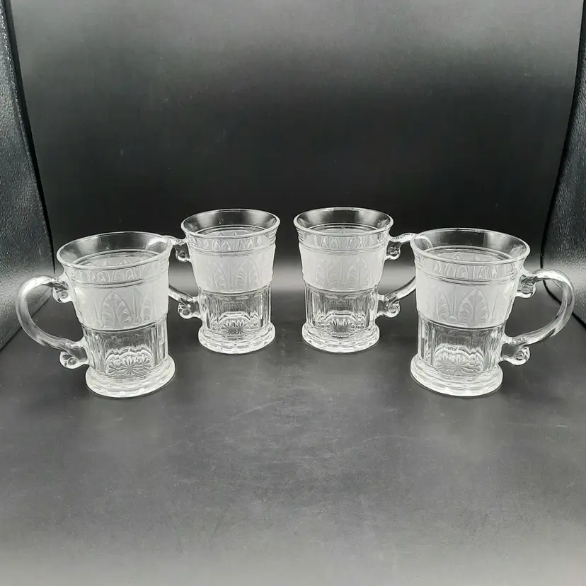 Vintage Athens Embossed Leaf Frosted Clear Glass Handled Mugs Set of 4