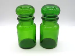 Vintage Belgium Green Glass Apothecary Jars with Lids - Set of 2