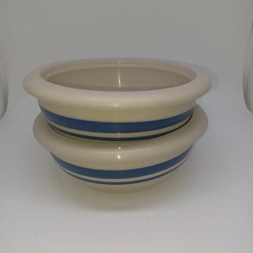 Vintage Blue Band Roseville Pottery Friendship/blue striped Soup Salad Bowl (2)