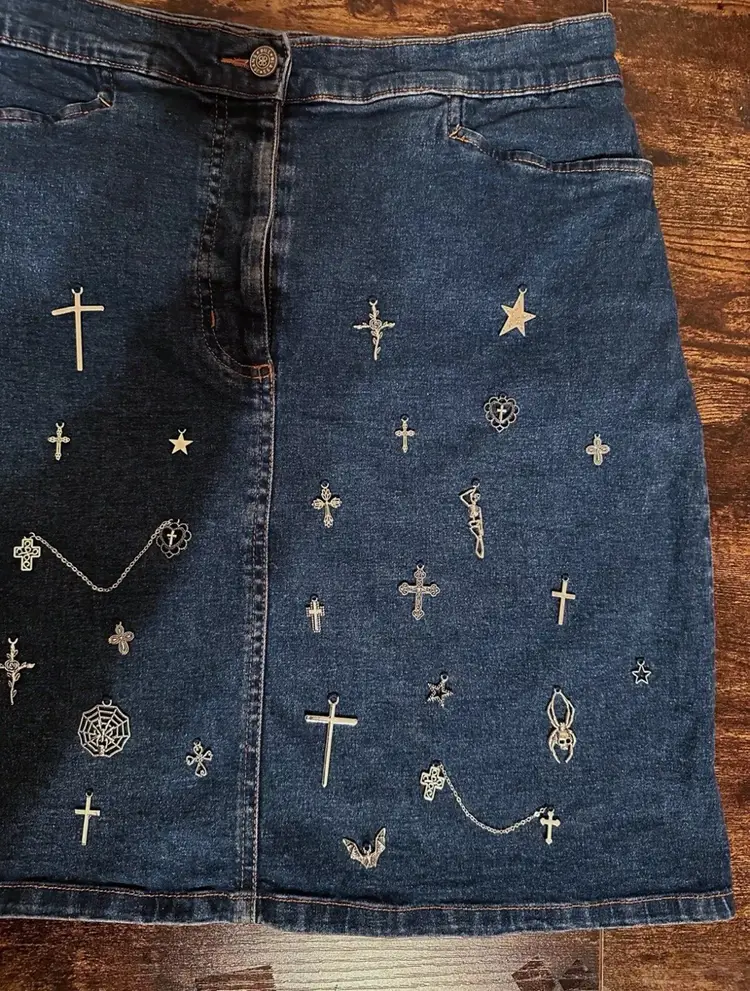 Reworked Upcycled Medium Denim Hand Embroidered Silver Cross Goth Punk Grunge 90s Y2K Charms Petite Skirt US Size 10/M