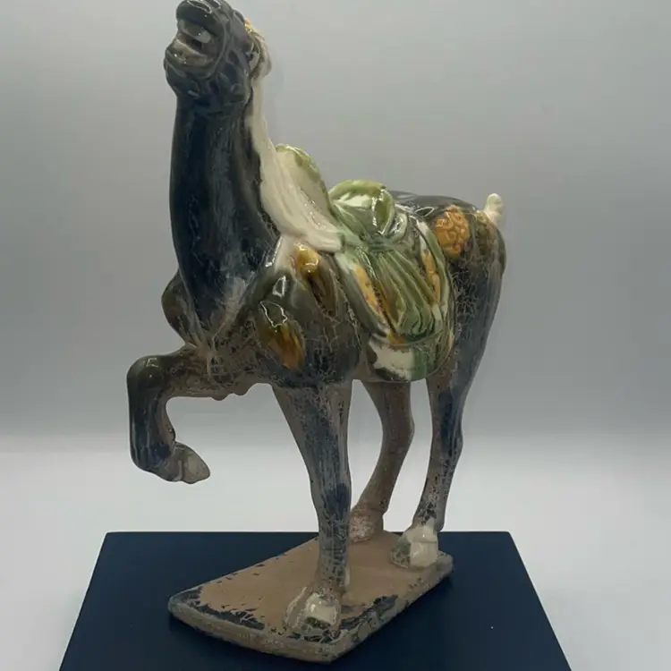 Chinese Imitation of Ancient Tang Three-color Green War Horse Porcelain Statue 11.5” X 10.5”