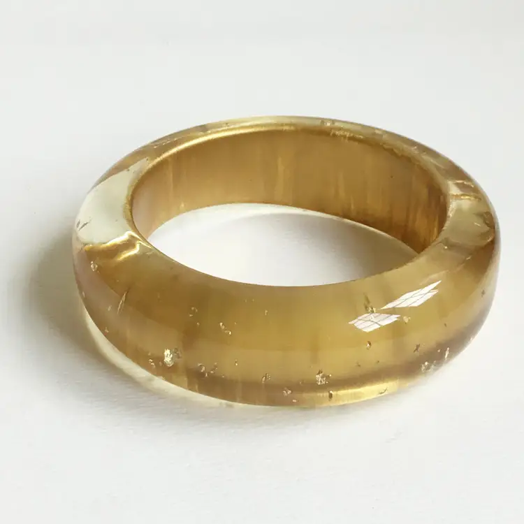 Vintage Clear Lucite Gold Tone Flecks Confetti Asymmetrical Chunky Wavy Bangle