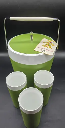 1967 Westbend color fair avacado ice bucket with 3 tumblers