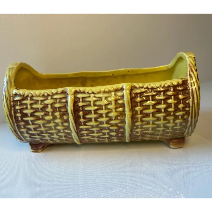 Vintage 1950’s McCoy Yellow Basketweave Glossy Planter