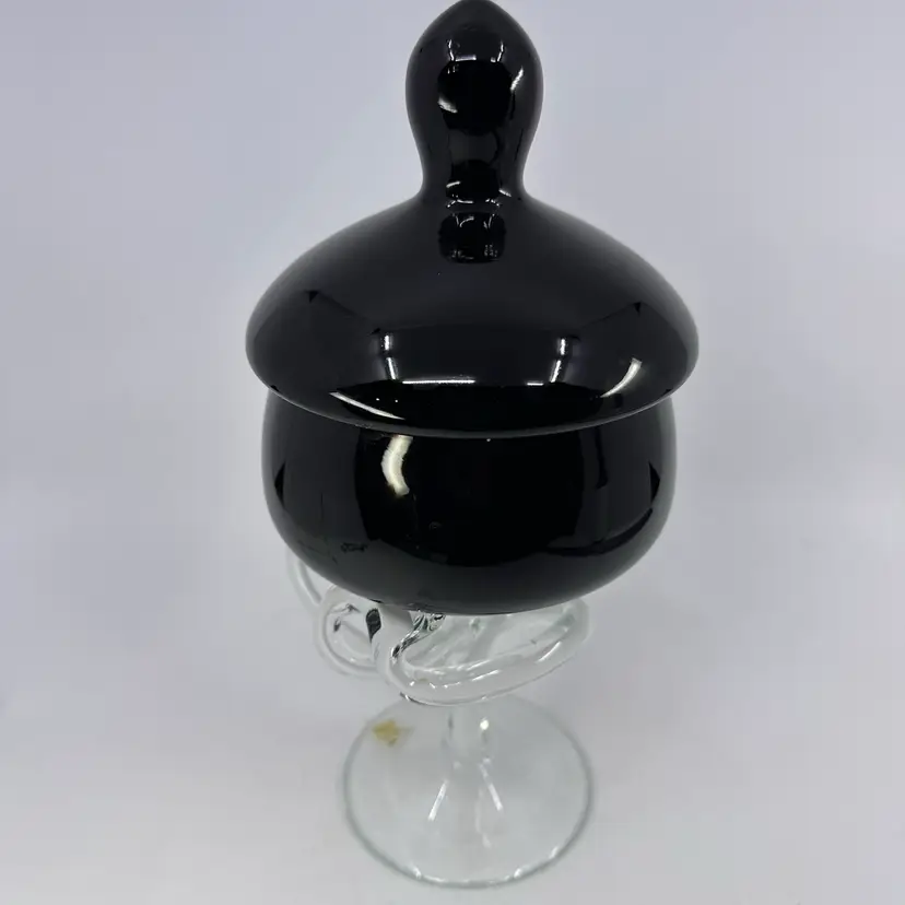 Jozefina Krosno Poland Black & Clear Art Glass Compote Or Candy Dish w/Lid 10”