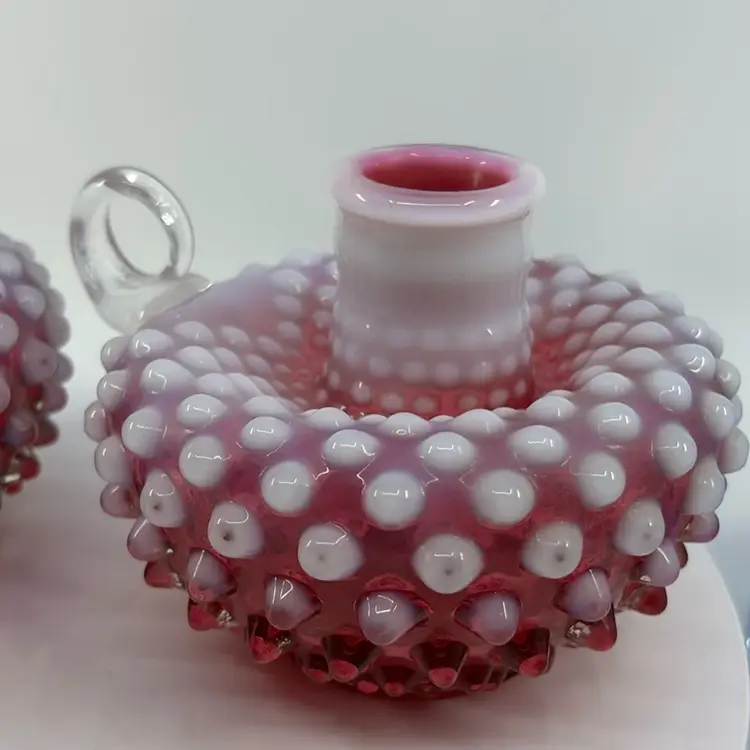 Fenton Cranberry Opalescent Hobnail Candle Holders 5Dia 3.5H Read