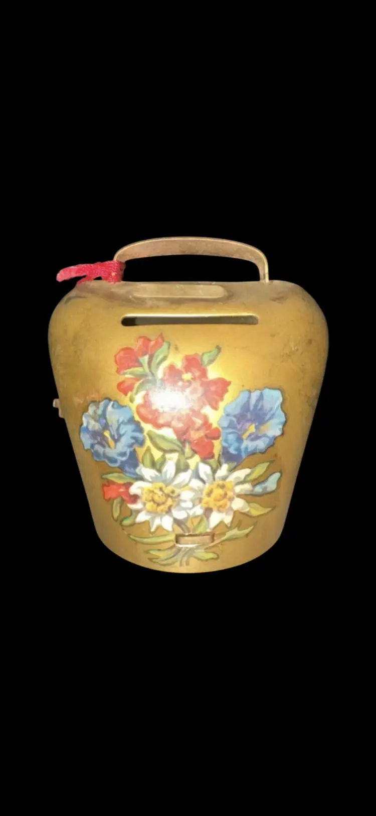 Vintage Brass Cowbell Shaped Piggy Bank With Key Applied Floral Appliqué