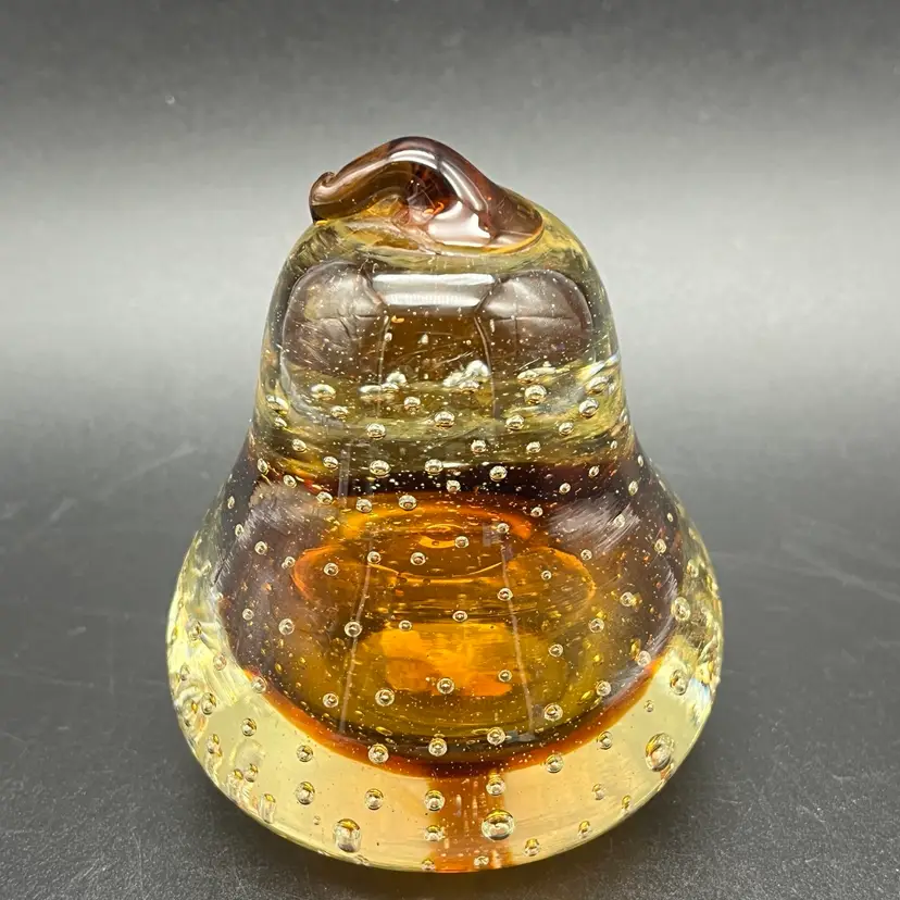 Vintage Amber Art Glass Paperweight Pear Shaped Control Bubbles 3” tall
