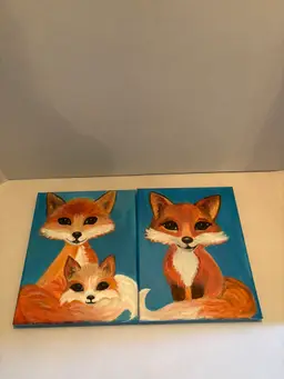 Lot of 2 Original Art Paintings Foxes Acrylic on Canvas Unframed One Signed