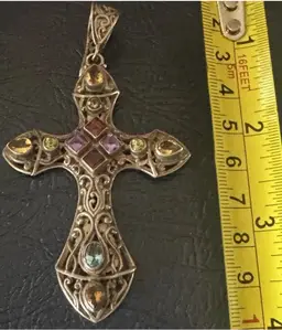 Multicolor Gem Sterling Silver Cross Marked 925 3.5” Long 32 Grams Stunning