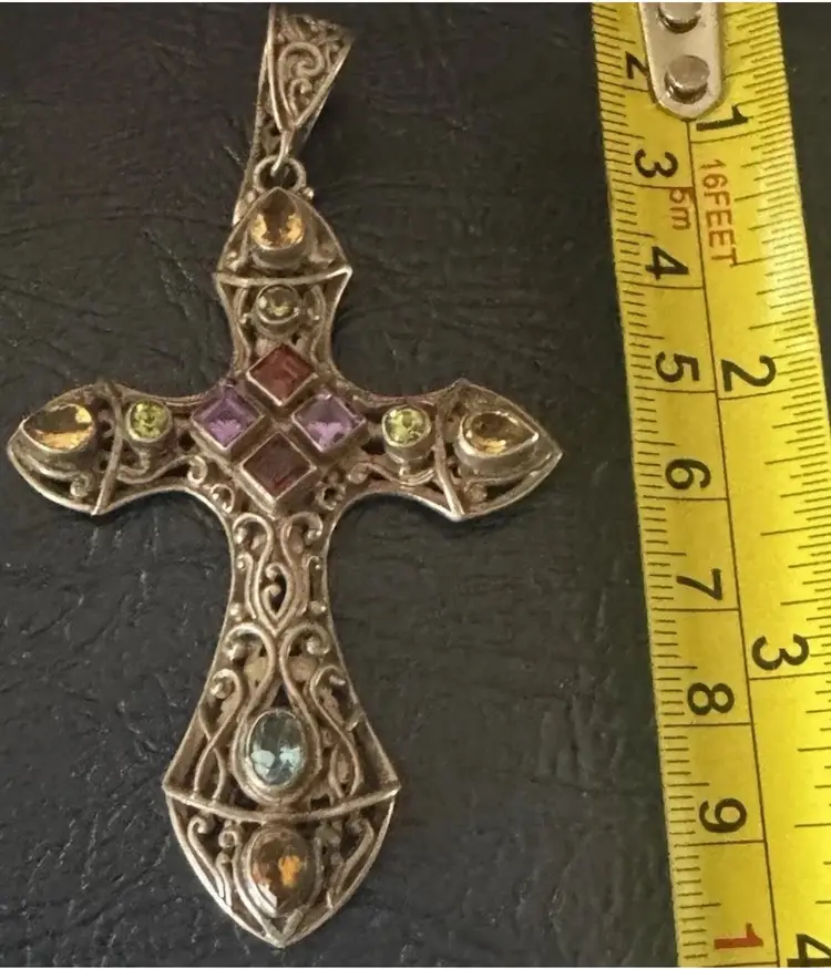 Multicolor Gem Sterling Silver Cross Marked 925 3.5” Long 32 Grams Stunning