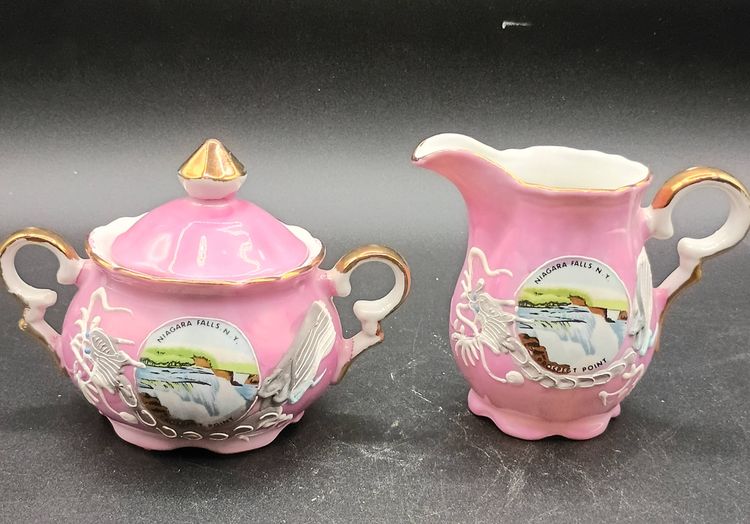 Vintage Dragonware Moriage Creamer Sugar Bowl Lid Niagara Falls, NY M-Spit Japan