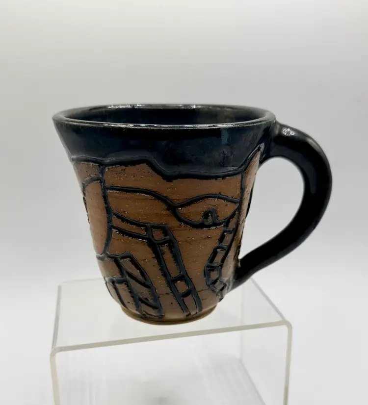 Handmade Pottery Mug Carved Abstract Pattern Signed Charlene Johnson