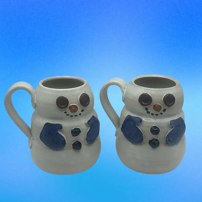 Set Of Two Snowmen Barton Pottery Salt Glazed Hot Cocoa Mugs, 5-1/4” Tall x 5” Wide