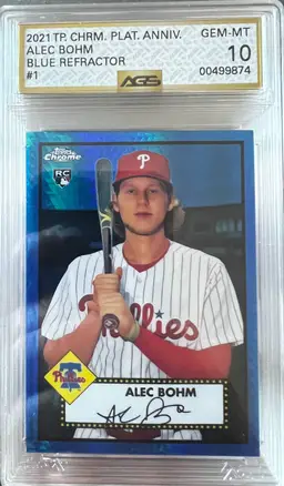Alec Bohm 2021 Topps Chrome Platinum Anniversary Blue Refractor RC AGS 10